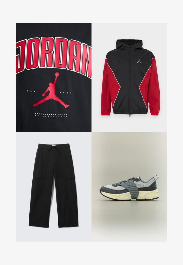 Sort og rød vindbreakerjakke med hætte, lynlås foran, hvide accenter og et lille logo på brystet. Blødt, letvægtsstof.; Sort t-shirt med fed rød "JORDAN" tekst, silhuet af en springende figur, og "EST. 1984" i hvid under grafikken.; Sorte vidde cargo-bukser med forlommer, lårlommer med klap, bæltestropper og snøre i taljen, lagt fladt på en hvid baggrund.; Lavtop sneaker med øverste del i gråt mesh og ruskind, cremefarvet mellemsål, sort ydersål og en bred grå rem tværs over mellemfoden.