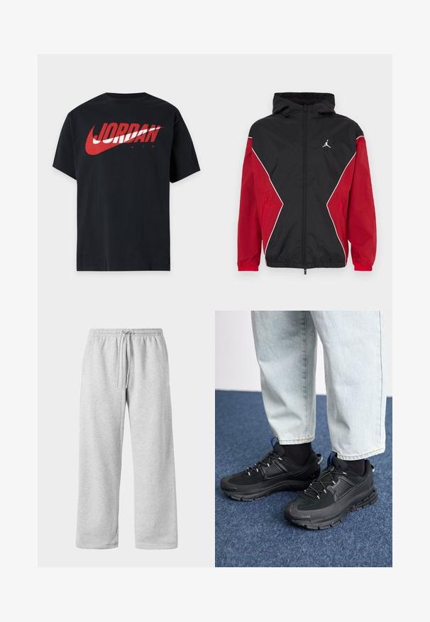 Sort og rød vindbreakerjakke med hætte, lynlås foran, hvide accenter og et lille logo på brystet. Blødt, letvægtsstof.; Sort T-shirt med korte ærmer med stort rødt og hvidt Jordan Air-logo over brystet.; Lys grå sweatpants med snøre i taljen, lavet af blød bomuldsblanding, med brede ben og en glat tekstur. Ingen synlige lommer.; Sorte træningssko med tekstureret stof og gummisåler, udstyret med elastiske snørebånd og en blå detalje på hælen. Bæres med lyse denimbukser.