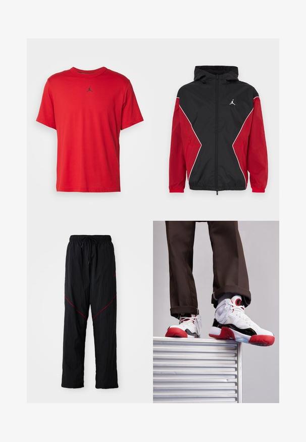 Chaqueta cortavientos negra y roja con capucha, cierre delantero con cremallera, detalles en blanco y un pequeño logo en el pecho. Tejido suave y ligero.; Camiseta corta de algodón roja con mangas cortas, cuello redondo y un pequeño logo negro de Jordan en el pecho, con un dobladillo recto.; Pantalones deportivos negros con un acabado texturizado, con cintura ajustable con cordón, líneas de acento rojas y un corte holgado.; Zapatillas deportivas blancas y negras con acentos rojos. Presentan materiales de malla y cuero, punta redondeada y suela de goma texturizada.