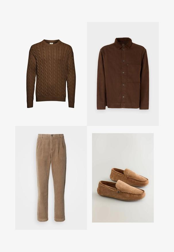 Brun knapjakke i bomuldsstof, med krave, lange ærmer, forlommer og brune knapper. Glat tekstur med ensfarvet design.; Brun kabelstrikket sweater med lange ærmer, ribbet manchetter og kant, samt rund halsudskæring, vist mod hvid baggrund.; Brune fløjlsbukser med høj talje, der har frontfolder, knaplukning og lige ben. Den strukturerede stof er synlig.; Brune ruskinds slip-on sko med en glat tekstur, stikninger og gummisåler. Har minimal hardware for nem påføring.