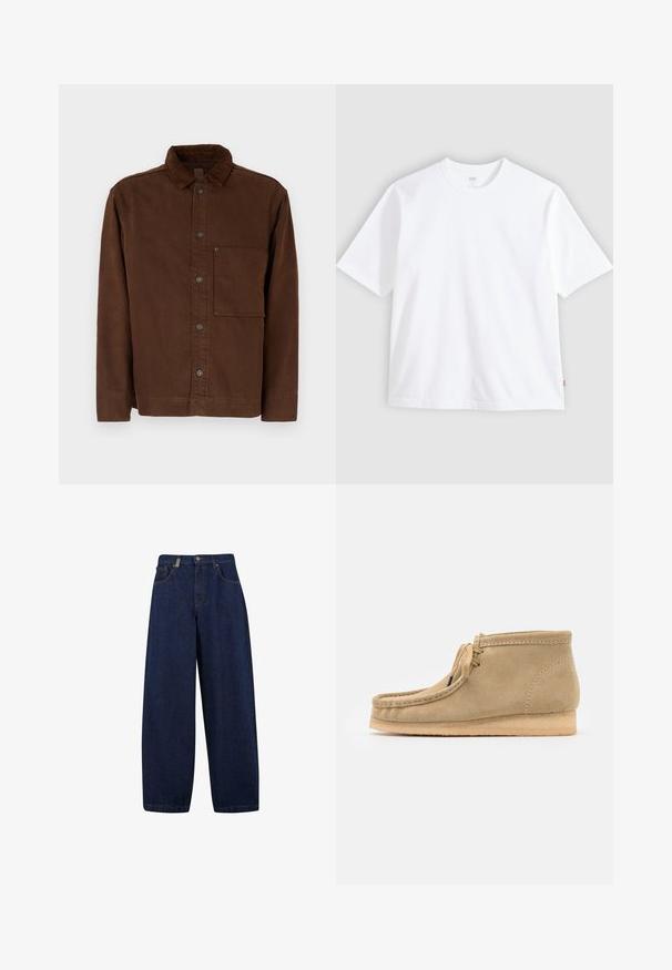 Brun knapjakke i bomuldsstof, med krave, lange ærmer, forlommer og brune knapper. Glat tekstur med ensfarvet design.; Hvid t-shirt med korte ærmer lavet af bomuld, med rund hals og lige snit. Mærke synligt på den nederste side af kanten.; Løse, mørkeblå denimjeans med høj talje, frontlommer og lige ben. Inkluderer sølvfarvet hardware og minimal syning.; Beige suedestøvler til anklerne med rund tå, flad sål og et simpelt snøredesign. Inkluderer synlige syninger og en glat tekstur.