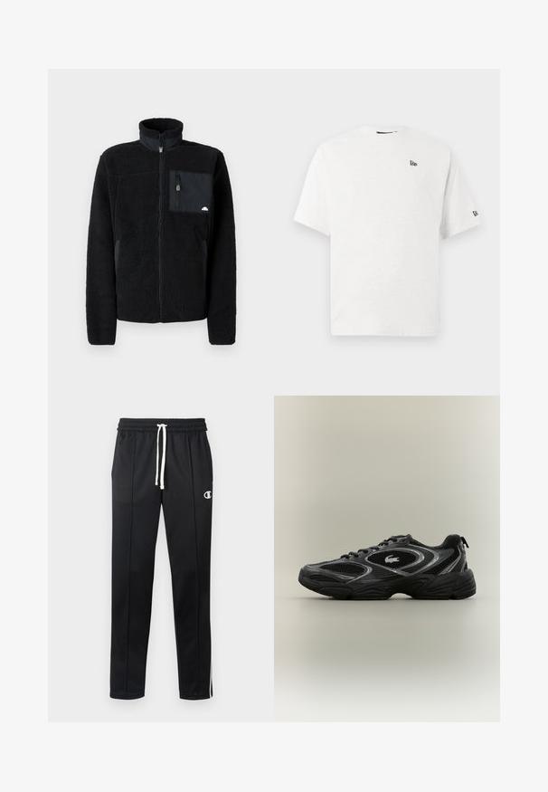Zwarte fleecejas met een hoge kraag, ritssluiting en een borstzak van contrasterende stof. Heeft een zacht, gestructureerd oppervlak.; Witte katoenen t-shirt met korte mouwen, een ronde hals en een klein zwart logo op de linker borst en de rechter mouw.; Zwarte sportbroek met witte trekkoord, zijstrepen, voorzakken en een klein wit Champion-logo op de linkerdij.; Zwarte en grijze sport sneaker met meshpanelen, vetersluiting, dikke zool en een klein krokodillologo aan de zijkant.