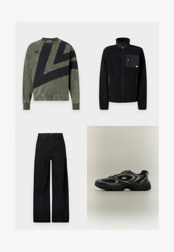 Schwarze Fleecejacke mit hohem Kragen, Reißverschluss und einer Brusttasche aus kontrastierendem Stoff. Verfügt über eine weiche, texturierte Oberfläche.; Langärmliges, grün-schwarz color-blocked Sweatshirt mit gerippten Bündchen und Kragen, mit Umbro-Logo auf der linken Brust.; Schwarze, weit geschnittene Hosen aus Baumwoll-Denim mit hohem Taillenbund, zwei Vordertaschen und einer seitlichen Cargo-Tasche für zusätzlichen Nutzen.; Schwarzer und grauer Sportschuh mit Netzpaneelen, Schnürdesign, dicker Sohle und einem kleinen Krokodil-Logo an der Seite.