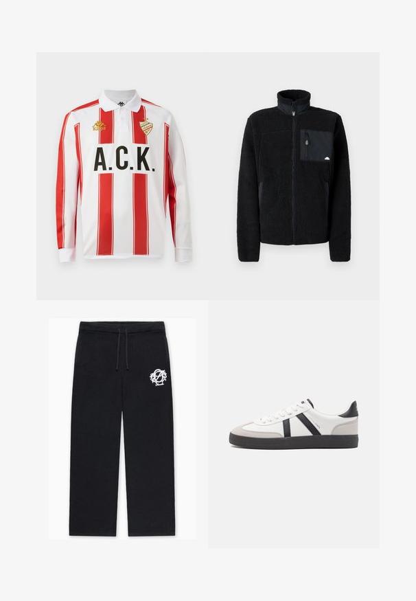 Sort fleecejakke med høj krave, lynlåslukning og en brystlomme i et kontrasterende stof. Har en blød, tekstureret overflade.; Langærmet polo shirt, hvid med røde lodrette striber, med sort "A.C.K." skrift og guld "Kappa" logo på venstre bryst.; Sorte strikkede bukser med en afslappet pasform, med snøre i taljen og en hvid broderet logo på venstre lår.; Hvide sneakers med sorte og grå detaljer, med en tekstureret grå tåhætte, sort gummisål og flade hvide snørebånd. Rent design, minimalistisk stil.