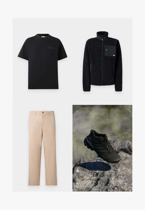 Schwarze Fleecejacke mit hohem Kragen, Reißverschluss und einer Brusttasche aus kontrastierendem Stoff. Verfügt über eine weiche, texturierte Oberfläche.; Schwarzes T-Shirt aus Baumwolle mit klassischem Rundhalsausschnitt und kurzen Ärmeln. Verfügt über ein dezentes, geprägtes Logo auf der Brust.; Beige gerade geschnittene Hose mit Gürtelschlaufen, Knopfverschluss vorne und Seitentaschen.; Schwarzer Trail-Laufschuh mit robustem Profil schwebt über einer felsigen Oberfläche, Staubpartikel sind in der Außenszene sichtbar.