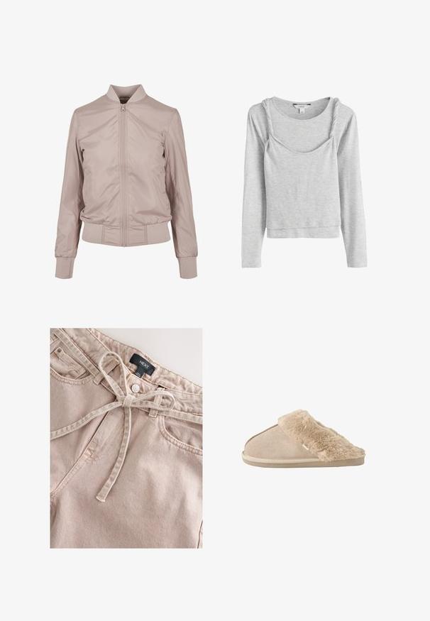 Svetloružová bomber bunda z hladkého nylonu. Má predný zips, pružné manžety a vzpriamený golier. Minimalistický dizajn bez vzorov.; Svetlosivý dlhý rukáv s výstrihom do lodičky a detailom skrúteného pásika cez hruď, vyrobený z mäkkej, elastickej látky.; Svetloružové rifľové nohavice s opasokovým pásom na zaväzovanie, vybavené predným gombíkom, opaskovými očkami a dvoma prednými vreckami, zobrazujúce textúrovanú tkaninu.; Béžové nazúvacie papuče s mäkkým semišovým vonkajškom a plyšovou, nadýchanou vnútornou výplňou a manžetou, navrhnuté pre pohodlie v interiéri.