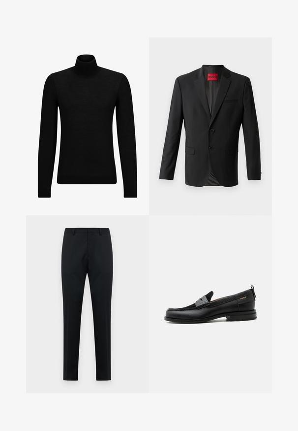 Sort blazer lavet af glat stof, med to frontknapper, spidse klapper og en enkelt brystlomme. Etiket synlig inde i kraven.; Sort turtleneck sweater lavet af blødt materiale, med lange ærmer og en tætsiddende pasform. Ribbet trim ved kanten og manchetter. Simpelt design.; Sorte skræddersyede herreformelle bukser med bæltestropper, glat front og lige ben på en hvid baggrund.; Sort læderloafer med grå remdetalje, lav hæl og tekstureret sål, mærket med "HUGO" i guld på siden.
