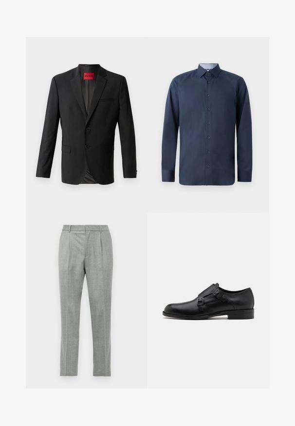 Sort blazer lavet af glat stof, med to frontknapper, spidse klapper og en enkelt brystlomme. Etiket synlig inde i kraven.; Marineblå langærmet skjorte lavet af bomuldsblanding, med klassisk krave, fuld knaplukning og kontrasterende foring i kraven.; Lys grå skræddersyede dressbukser med frontfolder, bæltestropper og lige benmodul på en hvid baggrund.; Sort læderherresko med dobbelte spænder, slank silhuet og rund tå. Har en lav hæl og glat tekstur.