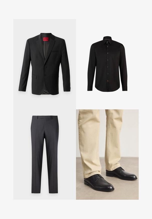 Zwarte blazer gemaakt van gladde stof, met twee knopen aan de voorkant, inspringende revers en een enkele borstzak. Label zichtbaar in de kraag.; Zwarte longsleeve shirt van gladde stof, met een knoopsluiting aan de voorkant met contrasterende knopen en een klassiek kraagontwerp.; Op maat gemaakte donkergrijze broeken van een soepel, gestructureerd weefsel; heeft een vlakke voorkant en rechte pijpen; minimalistisch ontwerp zonder zichtbare accenten.; Zwarte leren veterschoenen met een ronde neus, een gladde afwerking en subtiele stikdetails, gedragen met lichtbeige broeken.