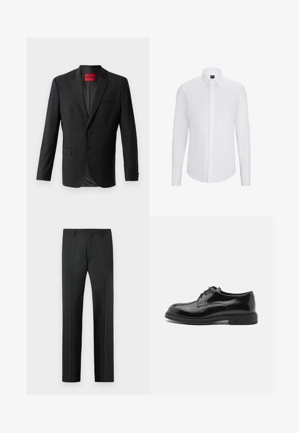 Blazer noir en tissu lisse, avec deux boutons à l'avant, revers crantés et une poche poitrine simple. Étiquette visible à l'intérieur du col.; Chemise blanc à manches longues avec col pointu, en tissu lisse, comportant une patte de boutonnage à l'avant et un ourlet arrondi.; Pantalon habillé noir sur mesure avec passants de ceinture et un pli devant, présenté sur un fond gris clair.; Chaussure habillée en cuir noir avec une finition lisse, bout rond et lacets. Présente une épaisse semelle noire et un détail de couture subtil le long du bord.