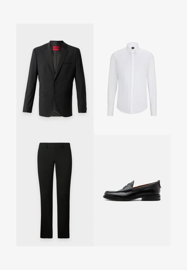Blazer negro hecho de tela suave, con dos botones frontales, solapas con muesca y un bolsillo en el pecho. Etiqueta visible en el interior del cuello.; Camisa blanca de manga larga con botones y cuello puntiagudo, hecha de tela suave, con tapeta frontal y dobladillo redondeado.; Pantalones negros con un corte a medida, que presentan una textura suave y un diseño de pierna recta. La cintura tiene pasadores para cinturón y un acabado limpio.; Mocasín de hombre de piel negra con costura moc toe, tira penny, cuello texturizado y tacón bajo apilado sobre fondo blanco.