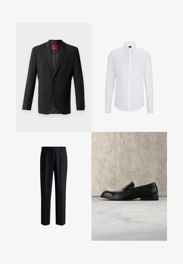 Blazer noir en tissu lisse, avec deux boutons à l'avant, revers crantés et une poche poitrine simple. Étiquette visible à l'intérieur du col.; Chemise blanc à manches longues avec col pointu, en tissu lisse, comportant une patte de boutonnage à l'avant et un ourlet arrondi.; Pantalons noirs en tissu lisse, avec une coupe droite, des plis à l'avant et une fermeture à bouton avec passants de ceinture.; Mocassin en cuir noir avec un accent métallique, présenté en lévitation au-dessus d'un tapis beige, avec une table ronde de couleur ambre en arrière-plan.