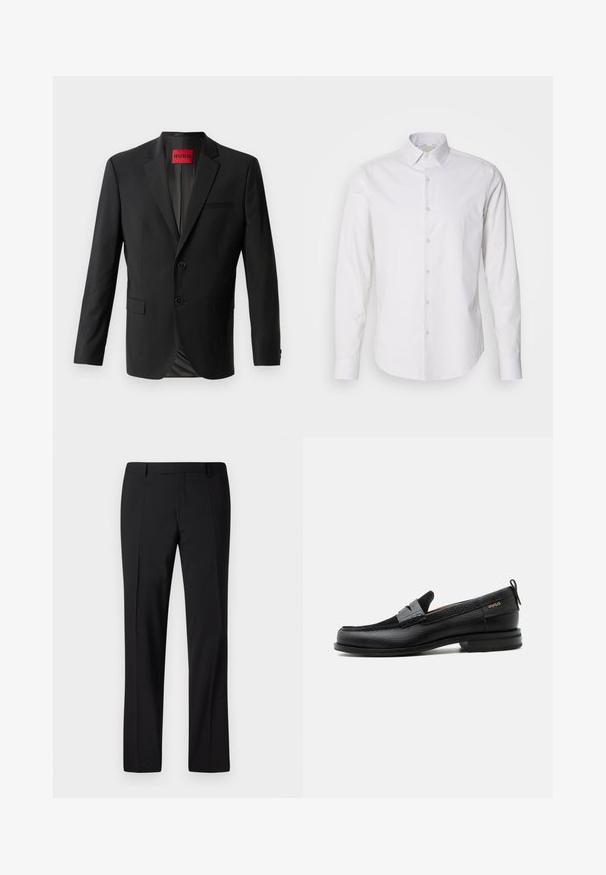 Schwarzer Blazer aus glattem Stoff, mit zwei vorderen Knöpfen, eingeklappten Revers und einer einzelnen Brusttasche. Etikett innen im Kragen sichtbar.; Weißes Langarmhemd mit spitzem Kragen, durchgehender Knopfleiste, aus einem glatten Stoff gefertigt. Es hat eine dezente gestreifte Textur.; Schwarze, maßgeschneiderte Hose mit geradem Bein, ausgestattet mit einer glatten Textur, gefaltetem Vorderteil und einem klassischen Bund für ein formelles Erscheinungsbild.; Schwarzer Lederloafer mit grauem Riemendetail, niedrigem Absatz und strukturierter Sohle, seitlich mit „HUGO“ in Gold gebrandmarkt.