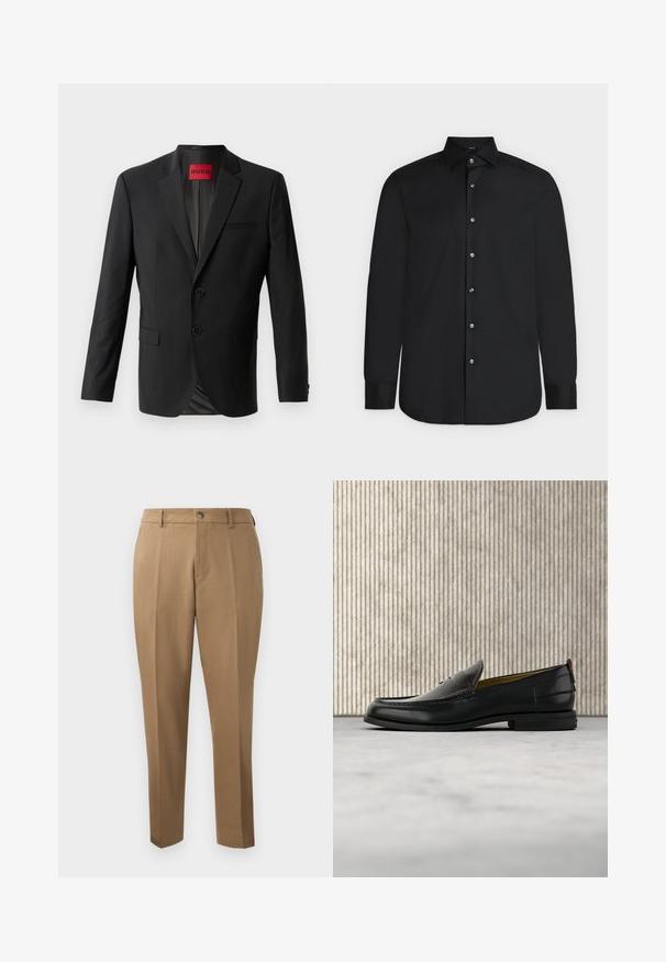 Sort blazer lavet af glat stof, med to frontknapper, spidse klapper og en enkelt brystlomme. Etiket synlig inde i kraven.; Sort langærmet skjorte med knapper og spids krave samt hvide knapper, vist fladt på en lys baggrund.; Brune skræddersyede bukser med lige snit, enkelt plissé, bæltestropper og frontknaplukning. Glat stof med en mat overflade.; Sort læder herreloafer med krokodillepræget forstykke og lav hæl, vist i profil på en neutral baggrund.