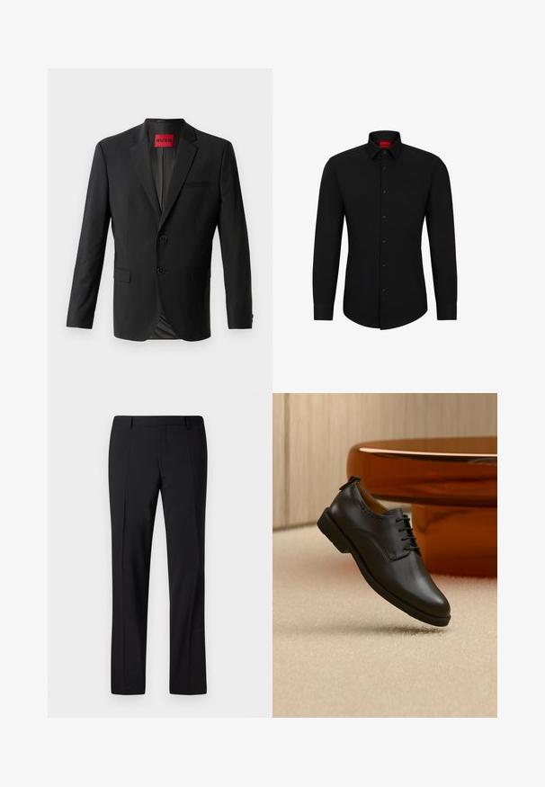 Schwarzer Blazer aus glattem Stoff, mit zwei vorderen Knöpfen, eingeklappten Revers und einer einzelnen Brusttasche. Etikett innen im Kragen sichtbar.; Schwarzes Langarmhemd mit Knopfleiste, klassischem Kragen und abgerundetem Saum; verfügt über schwarze Knöpfe und ein rotes Logo im Kragen.; Schwarze, maßgeschneiderte Hose mit geradem Bein, ausgestattet mit einer glatten Textur, gefaltetem Vorderteil und einem klassischen Bund für ein formelles Erscheinungsbild.; Schwarzer Lederschuh mit Schnürsenkeln, schwebend über hellem beigem Teppich positioniert, orangefarbener runder Tisch im Hintergrund.