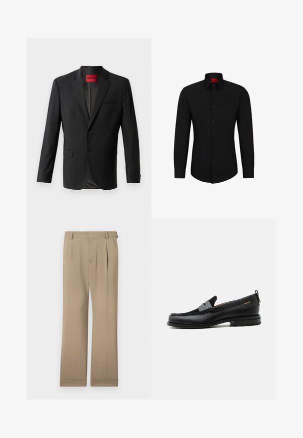 Blazer negro hecho de tela suave, con dos botones frontales, solapas con muesca y un bolsillo en el pecho. Etiqueta visible en el interior del cuello.; Camisa negra de manga larga con botón frontal, cuello clásico y dobladillo redondeado; cuenta con botones negros y un logotipo rojo en el interior del cuello.; Pantalones beiges de tela liviana, con un diseño de pierna recta, doble pinzas y dobladillos enrollados para un ajuste relajado.; Mocasín de cuero negro con detalle de tira gris, tacón bajo y suela texturizada, con la marca "HUGO" en oro en el lateral.