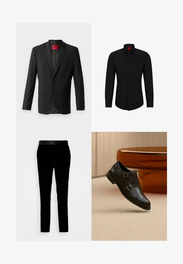 Sort blazer lavet af glat stof, med to frontknapper, spidse klapper og en enkelt brystlomme. Etiket synlig inde i kraven.; Sort langærmet skjorte med knaplukning foran, klassisk krave og rundet kant; har sorte knapper og et rødt logo indeni kraven.; Sorte fløjlsbukser med en skræddersyet pasform, glat tekstur og en matchende talje. Har lige ben og sidelommer.; Sort læder dobbelt munkestropssko svæver over beige tæppe med buede brune møbler i baggrunden.