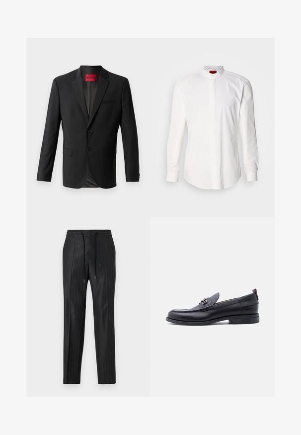 Blazer noir en tissu lisse, avec deux boutons à l'avant, revers crantés et une poche poitrine simple. Étiquette visible à l'intérieur du col.; Chemise blanche à manches longues avec un col montant, en coton. Comprend une patte de boutonnage à l'avant, un design minimaliste et un marquage subtil sur le col intérieur.; Pantalons noirs à rayures fines en tissu lisse avec une ceinture élastique confortable et des accents de cordon de serrage. Présente des détails de logo subtils.; Mocassin en cuir noir avec empeigne texturée grise, détail boucle en métal argenté, petit talon et languette à l'arrière.