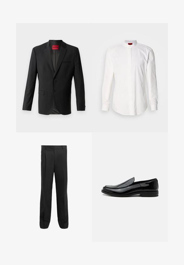 Sort blazer lavet af glat stof, med to frontknapper, spidse klapper og en enkelt brystlomme. Etiket synlig inde i kraven.; Hvid langærmet skjorte med høj krave, lavet af bomuld. Har en forlomme foran, minimalistisk design og subtil branding på den indvendige krave.; Sorte bukser med lige ben, der har plisseringer, en enkelt knaplukning og bæltests. Fremstillet af glat stof.; Sort blankt læder slip-on selskabssko med lav hæl og rundet tå set fra siden på hvid baggrund.