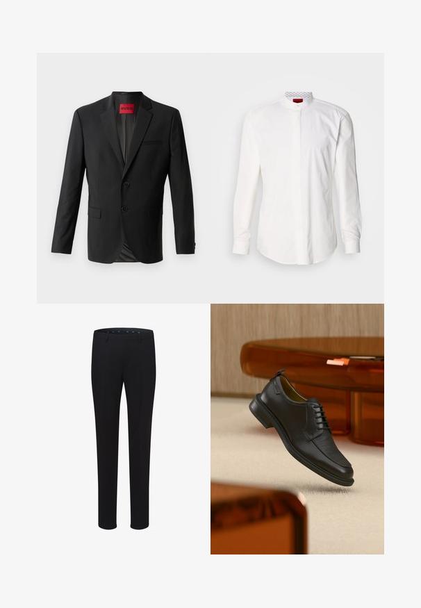 Blazer noir en tissu lisse, avec deux boutons à l'avant, revers crantés et une poche poitrine simple. Étiquette visible à l'intérieur du col.; Chemise blanche à manches longues avec un col montant, en coton. Comprend une patte de boutonnage à l'avant, un design minimaliste et un marquage subtil sur le col intérieur.; Pantalons noirs ajustés avec une texture lisse, une coupe droite et des passants de ceinture. Présentent une coupe classique sans motifs ni accents visibles.; Chaussure habillée noire en cuir à lacets avec devant texturé, flottant au-dessus d'un tapis beige dans une pièce moderne avec des meubles teintés d'ambre.