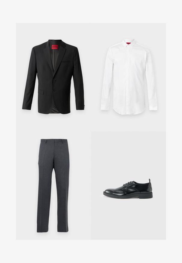 Blazer negro hecho de tela suave, con dos botones frontales, solapas con muesca y un bolsillo en el pecho. Etiqueta visible en el interior del cuello.; Camisa blanca de manga larga con cuello puntiagudo y tapeta de botones oculta, mostrada sobre un fondo liso y claro.; Pantalones de vestir ajustados en gris oscuro para hombre, con trabillas y pliegues frontales, mostrados sobre un fondo blanco.; Zapato de vestir negro de cuero brillante con tacón bajo, cierre de cordones y puntera redonda, mostrado de lado sobre un fondo claro y liso.