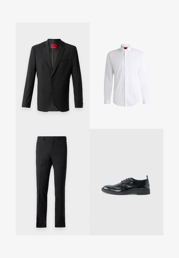 Blazer negro hecho de tela suave, con dos botones frontales, solapas con muesca y un bolsillo en el pecho. Etiqueta visible en el interior del cuello.; Camisa blanca de botones, confeccionada en tela suave, con collar clásico, mangas largas y dobladillo curvado. Presenta botones beige en la parte delantera.; Pantalones negros con un corte ajustado, que presentan un frente plano, dos pliegues, pasadores para cinturón y una textura suave. Sin patrones ni accesorios visibles.; Zapato de vestir negro de cuero brillante con tacón bajo, cierre de cordones y puntera redonda, mostrado de lado sobre un fondo claro y liso.
