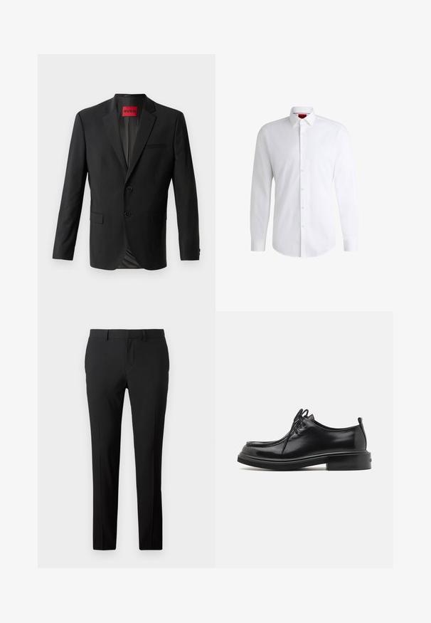 Sort blazer lavet af glat stof, med to frontknapper, spidse klapper og en enkelt brystlomme. Etiket synlig inde i kraven.; Hvid skjorte med knapper lavet af glat stof med klassisk krave, lange ærmer og rundet kant. Har beige knapper foran.; Skræddersyede sorte bukser i et glat stof. Har et lige ben-design, frontfald og bæltestropper til justerbar størrelse.; Calvin Klein LACE UP APRON BRUSH OFF - Snøresko - black