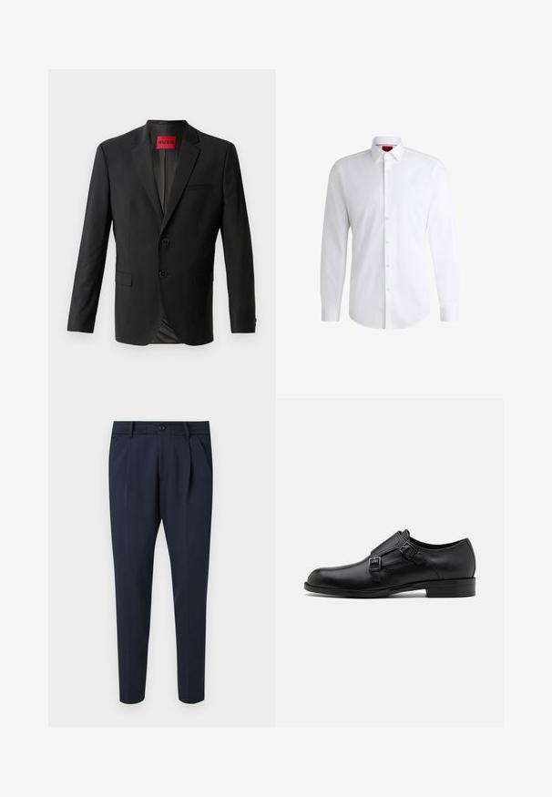 Schwarzer Blazer aus glattem Stoff, mit zwei vorderen Knöpfen, eingeklappten Revers und einer einzelnen Brusttasche. Etikett innen im Kragen sichtbar.; Weißes Herrenhemd aus glattem Stoff mit klassischem Kragen, langen Ärmeln und abgerundetem Saum. Mit eleganten beigen Knöpfen an der Vorderseite.; Hose aus glattem Stoff in Marineblau, mit Falten, einem Reißverschluss und Knopfverschluss, seitlichen Taschen und einem schmalen Beindesign.; Schwarze Leder- Schnürschuhe mit doppelten Schnallen, schlanker Silhouette und runder Zehenpartie. Sie verfügen über einen niedrigen Absatz und eine glatte Textur.