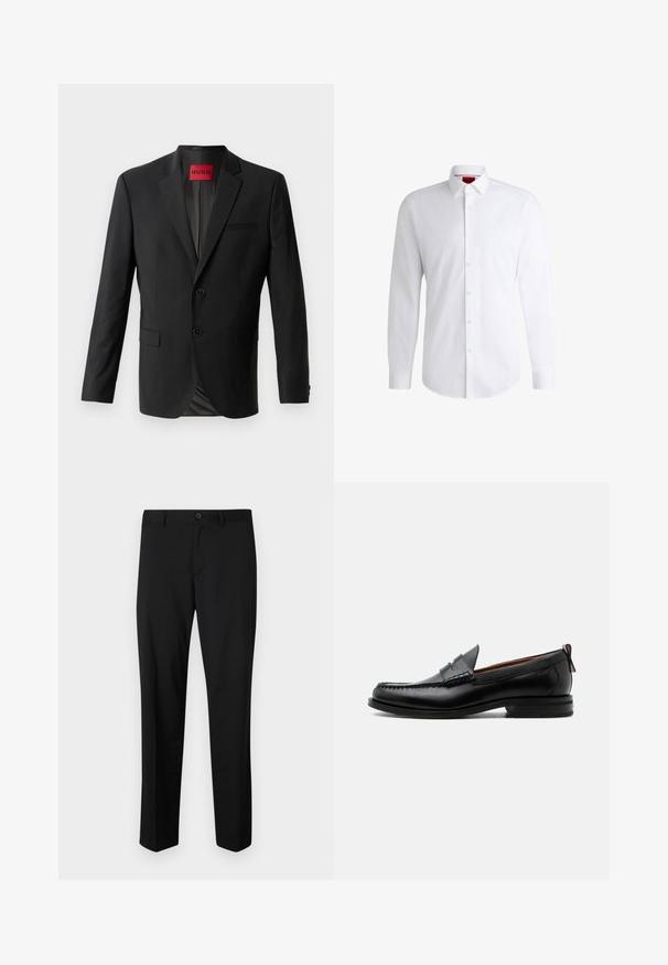 Blazer noir en tissu lisse, avec deux boutons à l'avant, revers crantés et une poche poitrine simple. Étiquette visible à l'intérieur du col.; Chemise blanche à manches longues en tissu lisse avec un col classique et un ourlet arrondi. Présente des boutons beiges à l'avant.; Pantalons noirs ajustés avec une coupe plate, taille standard et jambes droites. Fabriqués en tissu lisse, dotés d'une fermeture à un bouton.; Mocassin homme en cuir noir avec couture moc toe, bride penny, col texturé et petit talon empilé sur fond blanc.