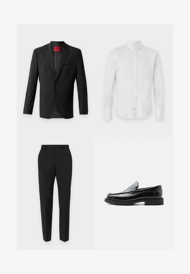Zwarte blazer gemaakt van gladde stof, met twee knopen aan de voorkant, inspringende revers en een enkele borstzak. Label zichtbaar in de kraag.; Witte langslippende knoopshirt gemaakt van een gladde stof; heeft een klassieke kraag, knoopsluiting en een rond afgewerkte zoom.; Zwarte broek met een maatwerkontwerp, met een vlakke voorkant, plooidetails en een slanke pasvorm. Gemaakt van een gladde stof voor een verfijnde uitstraling.; Zwarte leren loafer met dikke rubberen zool, gestikte bovenkant en gegraveerde merknaam op de hiel, zijaanzicht op witte achtergrond.