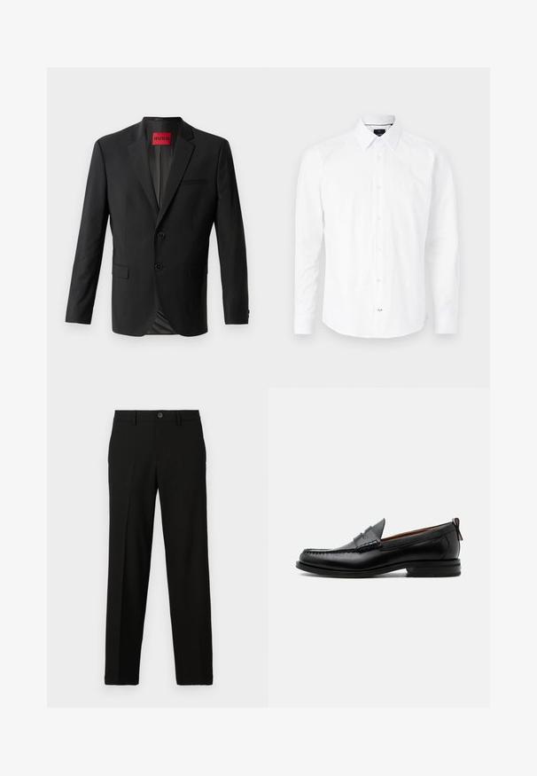 Sort blazer lavet af glat stof, med to frontknapper, spidse klapper og en enkelt brystlomme. Etiket synlig inde i kraven.; Hvid langærmet skjorte lavet af bomuld. Har en knap-ned krave, frontlukning med knapper i pink og buet bund.; Sorte bukser lavet af glat stof, med lige snit, knaplukning i taljen, og uden synlige mønstre eller accenter.; Sort læder herre loafer med moc-tå syning, penny strop, struktureret krave og lav stablet hæl på hvid baggrund.