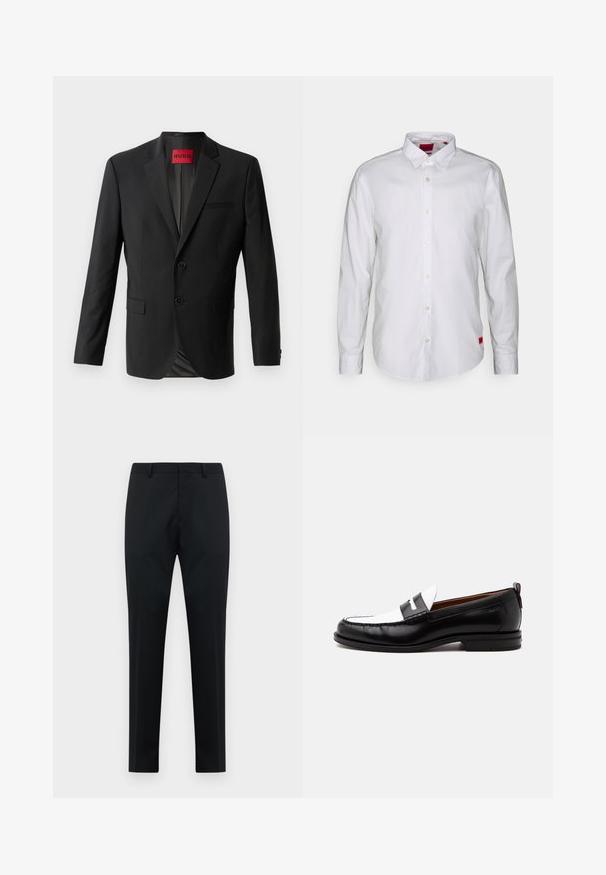 Blazer negro hecho de tela suave, con dos botones frontales, solapas con muesca y un bolsillo en el pecho. Etiqueta visible en el interior del cuello.; Camisa blanca de manga larga con cuello abotonado, fabricada en tejido ligero. Presenta una discreta etiqueta de la marca en rojo en la parte inferior.; Pantalones formales de hombre negros, ajustados, con presillas para cinturón, frente plano y piernas rectas sobre un fondo blanco.; Mocasín de cuero blanco y negro con detalles cosidos, tacón bajo y diseño tipo slip-on, mostrado de lado sobre un fondo liso.