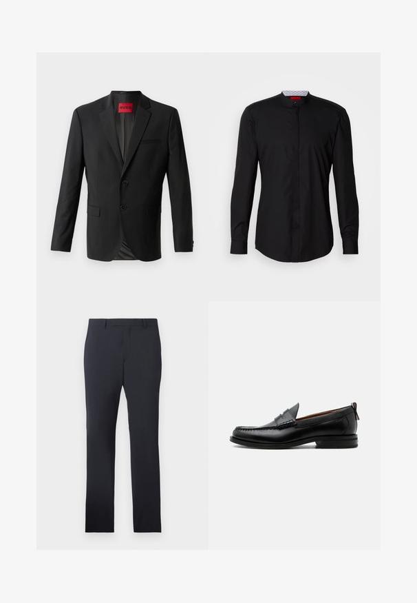 Blazer negro hecho de tela suave, con dos botones frontales, solapas con muesca y un bolsillo en el pecho. Etiqueta visible en el interior del cuello.; Camisa negra de manga larga con cuello mandarín, confeccionada en una tela suave, con cierre de botones en la parte delantera y detalles de diseño sutiles.; Pantalones formales de la marina confeccionados en tejido suave. Cuentan con un frente plano, trabillas para cinturón y bolsillos laterales, con un corte recto a medida.; Mocasín de hombre de piel negra con costura moc toe, tira penny, cuello texturizado y tacón bajo apilado sobre fondo blanco.