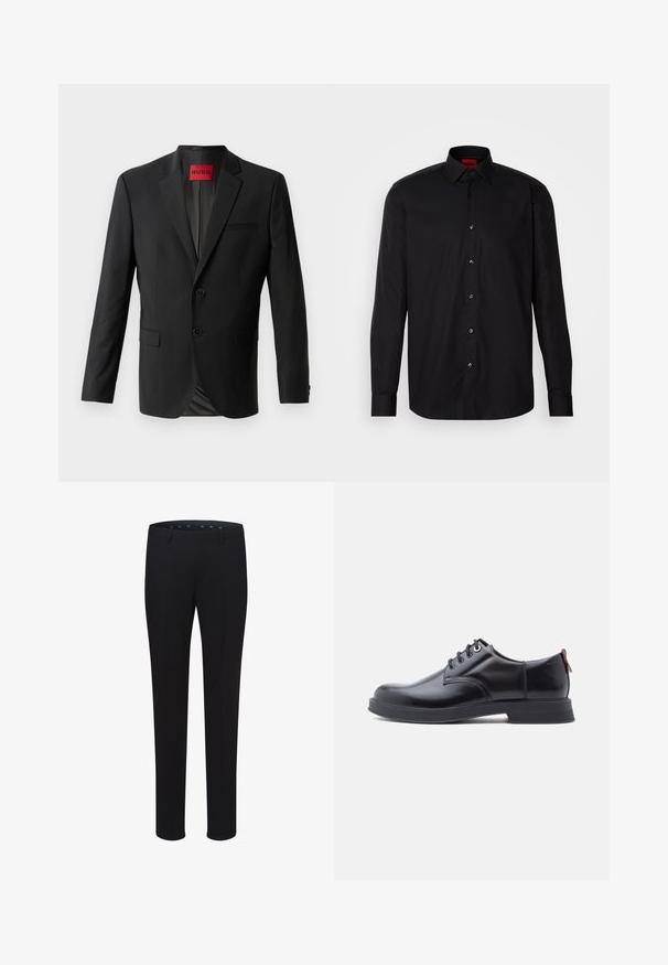 Schwarzer Blazer aus glattem Stoff, mit zwei vorderen Knöpfen, eingeklappten Revers und einer einzelnen Brusttasche. Etikett innen im Kragen sichtbar.; Schwarzes Langarmhemd aus glattem Stoff, mit klassischem Kragen, Knopfverschluss vorne und taillierter Passform.; Schwarze maßgeschneiderte Hosen mit glatter Textur, geradem Bein und Gürtelschlaufen. Sie zeichnen sich durch einen klassischen Schnitt aus und haben keine sichtbaren Muster oder Akzente.; Schwarze Leder-Schnürschuhe mit glatter Textur, rundem Zehenbereich und dezenten Ziernähten. Mit einem roten Laschenband an der Ferse.