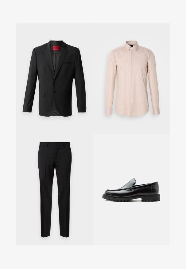 Blazer negro hecho de tela suave, con dos botones frontales, solapas con muesca y un bolsillo en el pecho. Etiqueta visible en el interior del cuello.; Camisa de manga larga color rosa claro con cuello abotonado, sutil patrón de rayas y motivos circulares bordados.; Pantalones negros de corte ajustado, hechos de una tela suave, con pernera recta, detalles de pinzas refinadas y una cinturilla clásica con ojales para cinturón.; Mocasín de cuero negro con suela de goma gruesa, empeine cosido y nombre de la marca en relieve en el talón, mostrado en perfil lateral sobre fondo blanco.
