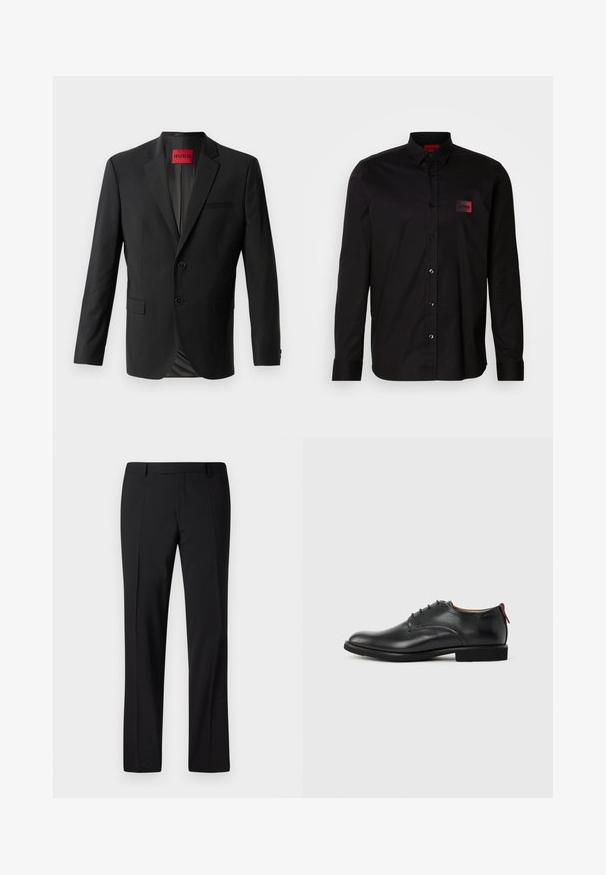 Schwarzer Blazer aus glattem Stoff, mit zwei vorderen Knöpfen, eingeklappten Revers und einer einzelnen Brusttasche. Etikett innen im Kragen sichtbar.; Schwarzes Langarmshirt aus glattem Stoff, mit Knopfverschluss, klassischem Kragen und einem kleinen roten Markenpatch auf der Brust.; Schwarze, maßgeschneiderte Hose mit geradem Bein, ausgestattet mit einer glatten Textur, gefaltetem Vorderteil und einem klassischen Bund für ein formelles Erscheinungsbild.; Schwarzer Herren-Lederschuh mit Schnürung und rotem Zuglasche an der Ferse vor schlichten Hintergrund.
