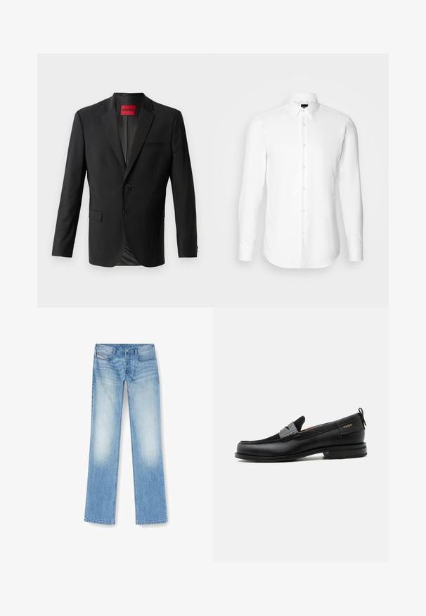 Blazer noir en tissu lisse, avec deux boutons à l'avant, revers crantés et une poche poitrine simple. Étiquette visible à l'intérieur du col.; Chemise blanche à manches longues, boutonnée sur le devant, col classique, fabriquée en tissu lisse avec une texture subtile, conçue pour une coupe ajustée.; Jean droit bleu clair en denim, présentant une finition délavée, un design à cinq poches et des détails de couture visibles le long des coutures.; Mocassin en cuir noir avec détail de bride grise, talon bas et semelle texturée, marqué "HUGO" en or sur le côté.