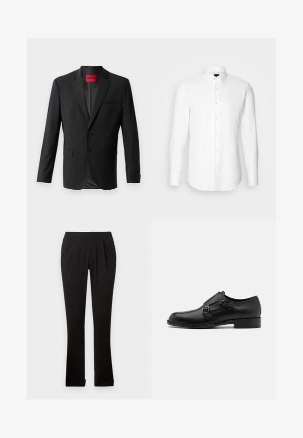 Sort blazer lavet af glat stof, med to frontknapper, spidse klapper og en enkelt brystlomme. Etiket synlig inde i kraven.; Hvid skjorte med lange ærmer, knaplukning foran, klassisk krave, lavet af glat stof med en subtil tekstur, designet til et tætsiddende udseende.; Sorte bukser lavet af glat stof med elastisk talje, lige ben, frontfolder og opretstående sømme. Enkel og alsidig design.; Sort læderherresko med dobbelte spænder, slank silhuet og rund tå. Har en lav hæl og glat tekstur.