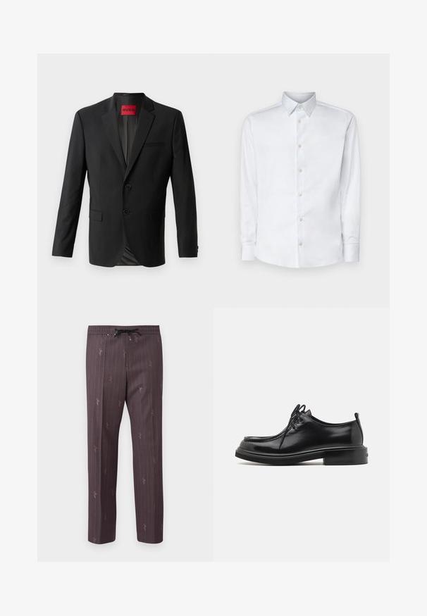 Blazer negro hecho de tela suave, con dos botones frontales, solapas con muesca y un bolsillo en el pecho. Etiqueta visible en el interior del cuello.; Camisa blanca de manga larga hecha de tela suave, con un cuello clásico, tapeta de botones y puños con botones, presentada sobre un fondo liso.; Pantalones con cintura elástica en púrpura oscuro con rayas verticales y sutiles acentos impresos. Material ligero con un corte relajado.; Calvin Klein LACE UP APRON BRUSH OFF - Zapatos de vestir - black