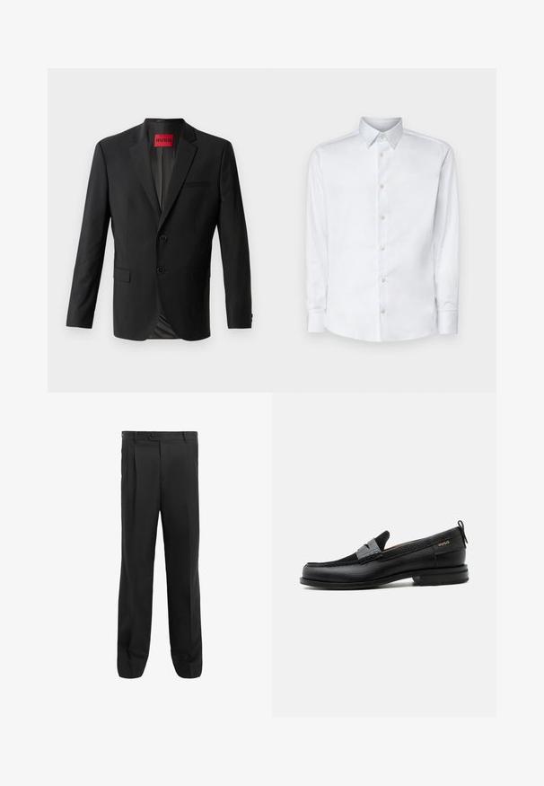 Blazer negro hecho de tela suave, con dos botones frontales, solapas con muesca y un bolsillo en el pecho. Etiqueta visible en el interior del cuello.; Camisa blanca de manga larga hecha de tela suave, con un cuello clásico, tapeta de botones y puños con botones, presentada sobre un fondo liso.; Pantalones negros con un diseño de pierna recta, que presentan pliegues, un cierre de un solo botón y trabillas para cinturón. Fabricados con una tela suave.; Mocasín de cuero negro con detalle de tira gris, tacón bajo y suela texturizada, con la marca "HUGO" en oro en el lateral.