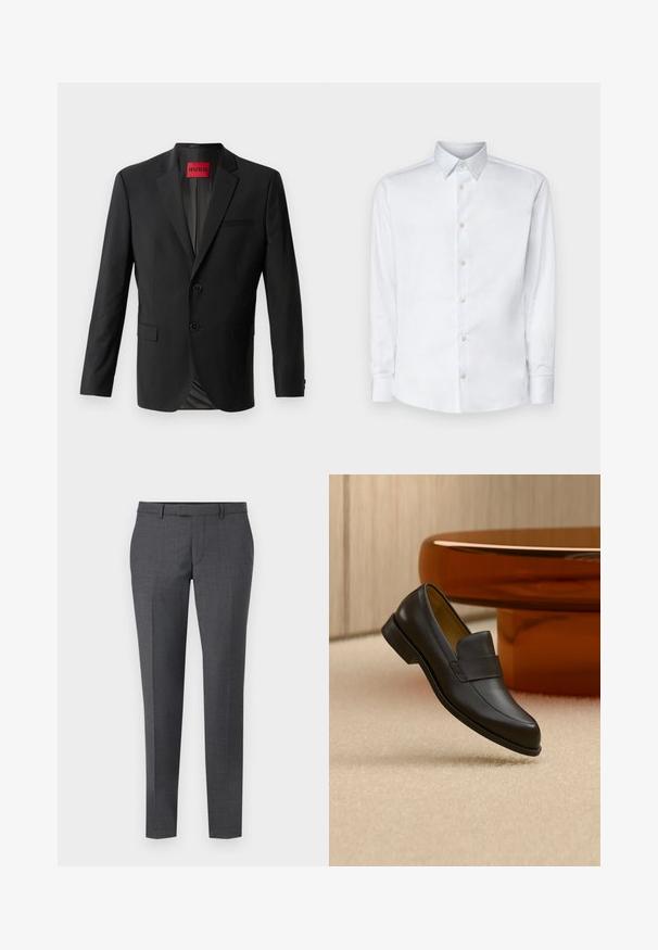 Sort blazer lavet af glat stof, med to frontknapper, spidse klapper og en enkelt brystlomme. Etiket synlig inde i kraven.; Hvid langærmet skjorte lavet af glat stof, med en klassisk krave, knaplukning og manchetter med knapper, vist på en ensfarvet baggrund.; Grå skræddersyede bukser med en glat tekstur, lige pasform, flad front og bæltesløjfer. Har et subtilt ternet mønster og en kant ned foran.; Sort læder loafers med lav hæl svævende over beige tæppe ved rundt brunt bord.