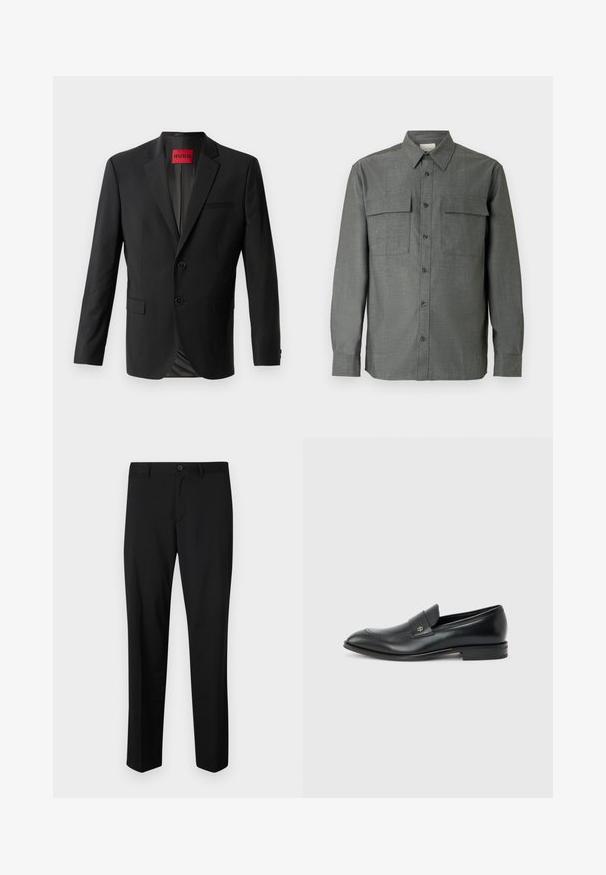 Blazer noir en tissu lisse, avec deux boutons à l'avant, revers crantés et une poche poitrine simple. Étiquette visible à l'intérieur du col.; Chemise grise à boutons avec col structuré, deux poches poitrine, manches longues avec poignets boutonnés ; finition en tissu texturé.; Pantalons noirs ajustés avec une coupe plate, taille standard et jambes droites. Fabriqués en tissu lisse, dotés d'une fermeture à un bouton.; Mocassin pour hommes en cuir noir avec talon bas, bout arrondi et petit logo métallique sur la bride, présenté en profil latéral sur un fond uni.