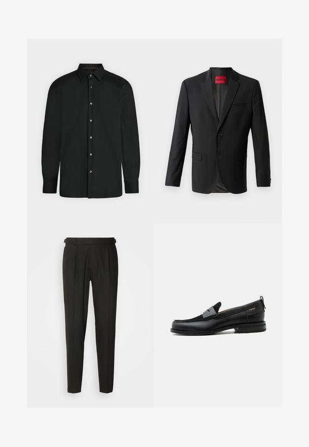 Black blazer made from smooth fabric, featuring two front buttons, notched lapels, and a single chest pocket. Label visible inside collar.; Black long-sleeve button-up shirt with pointed collar and buttoned cuffs, displayed against a plain light background.; Black tailored trousers with a flat front, two pleats, belt loops, and a straight leg design. Made from smooth, lightweight fabric.; Black leather loafer with gray strap detail, low heel, and textured sole, branded with "HUGO" in gold on the side.