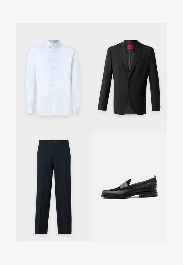 Blazer noir en tissu lisse, avec deux boutons à l'avant, revers crantés et une poche poitrine simple. Étiquette visible à l'intérieur du col.; Chemise à manches longues bleu clair avec un col pointu, fermeture à boutons à l'avant et texture lisse. Présente des accents de boutons argentés sur le plastron.; Pantalon noir slim-fit avec fermeture par bouton et zip, passants pour ceinture et coupe droite.; Mocassin en cuir noir avec détail de bride grise, talon bas et semelle texturée, marqué "HUGO" en or sur le côté.