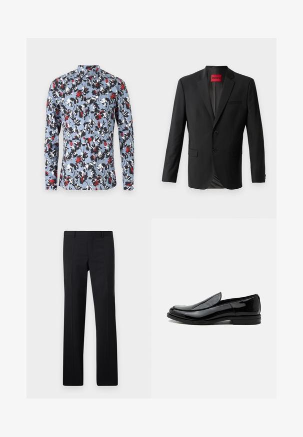 Sort blazer lavet af glat stof, med to frontknapper, spidse klapper og en enkelt brystlomme. Etiket synlig inde i kraven.; Lynlange skjorte med knapper i lyseblå med et blomstermønster i rød, sort og hvid. Har en krave og frontknaplukning.; Sorte skræddersyede bukser med et lige ben design, skarpe folder og en glat overflade. Fremstillet af letvægtsstof med en ren talje.; Sort blankt læder slip-on selskabssko med lav hæl og rundet tå set fra siden på hvid baggrund.