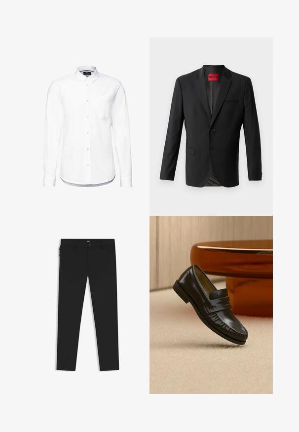 Schwarzer Blazer aus glattem Stoff, mit zwei vorderen Knöpfen, eingeklappten Revers und einer einzelnen Brusttasche. Etikett innen im Kragen sichtbar.; Weißes Langarmhemd aus Baumwolle mit einem Button-Down-Kragen, Fronttasche und abgerundetem Saum mit knopfbaren Manschetten.; Schwarze, schlanke Hose mit Gürtelschlaufen, vorderem Knopf- und Reißverschluss sowie Seitentaschen, dargestellt auf weißem Hintergrund.; Glänzender schwarzer Leder-Loafer mit einem Riemendetail, auf einem beigen Teppich neben einem runden braunen Couchtisch in einem sanft beleuchteten Raum platziert.