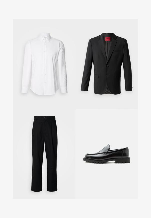 Schwarzer Blazer aus glattem Stoff, mit zwei vorderen Knöpfen, eingeklappten Revers und einer einzelnen Brusttasche. Etikett innen im Kragen sichtbar.; Weißes Langarmhemd aus glattem Stoff mit klassischem Kragen und durchgehender Knopfleiste, das einen abgerundeten Saum hat. Die Knöpfe sind dezent glänzend.; Schwarze gerade geschnittene Hosen mit einem Knopfverschluss, Gürtelschlaufen und Vorderfalten, vor einem schlichten weißen Hintergrund präsentiert.; Schwarzer Lederloafer mit grober Gummisohle, genähter Oberseite und geprägtem Markennamen an der Ferse, seitlich auf weißem Hintergrund gezeigt.