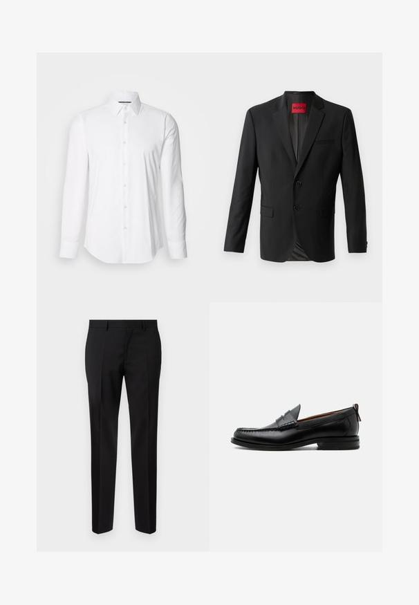 Blazer negro hecho de tela suave, con dos botones frontales, solapas con muesca y un bolsillo en el pecho. Etiqueta visible en el interior del cuello.; Camisa blanca de manga larga hecha de tejido suave, con un cuello clásico y diseño de botones en la parte delantera, con un dobladillo curved. Los botones tienen un acabado ligeramente brillante.; Pantalones negros de corte ajustado, hechos de una tela suave, con pernera recta, detalles de pinzas refinadas y una cinturilla clásica con ojales para cinturón.; Mocasín de hombre de piel negra con costura moc toe, tira penny, cuello texturizado y tacón bajo apilado sobre fondo blanco.