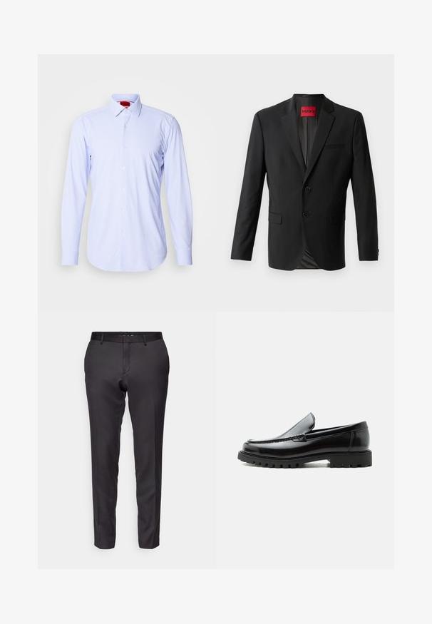 Blazer negro hecho de tela suave, con dos botones frontales, solapas con muesca y un bolsillo en el pecho. Etiqueta visible en el interior del cuello.; Camisa abotonada de manga larga de un azul claro con un patrón, y un cuello clásico. Presenta pequeños cuadrados y botones blancos. Textura de tela suave.; Pantalones negros a medida, confeccionados en una tela suave, con un corte ajustado, pierna recta y diseño de frente plano con trabillas para cinturón.; Mocasín de cuero negro con suela de goma gruesa, empeine cosido y nombre de la marca en relieve en el talón, mostrado en perfil lateral sobre fondo blanco.
