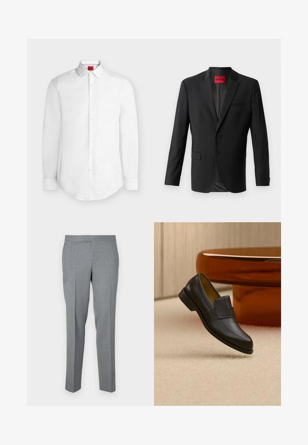 Blazer noir en tissu lisse, avec deux boutons à l'avant, revers crantés et une poche poitrine simple. Étiquette visible à l'intérieur du col.; Chemise blanche à manches longues avec boutons, col pointu et étiquette rouge de la marque Hugo à l'intérieur du col.; Pantalons gris ajustés en tissu texturé, avec une taille plate, des passants de ceinture et deux poches latérales. Design à jambe droite.; Mocassin en cuir noir à talon bas flottant au-dessus d'un sol moquetté beige près d'une table ronde marron.
